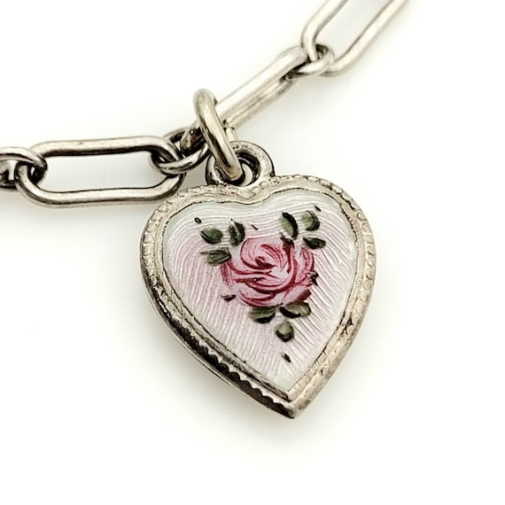 Heart Rose Enamel Charm Bracelet, Sterling Silver… - image 2