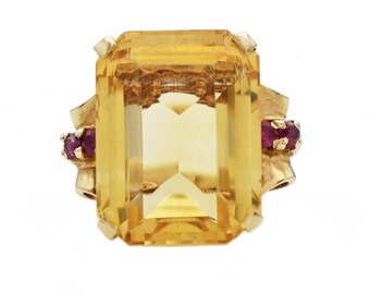 Emerald Cut Citrine Ruby Ring, 14k Yellow Gold, Vintage, Estate
