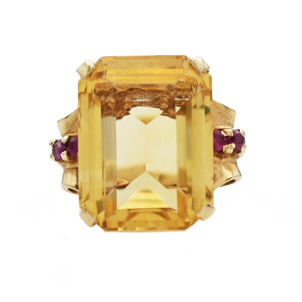 Emerald Cut Citrine Ruby Ring, 14k Yellow Gold, Vintage, Estate