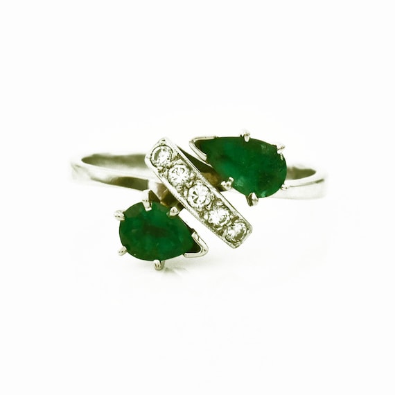 Pear Cut Emerald Diamond Ring - 14k White Gold, B… - image 1