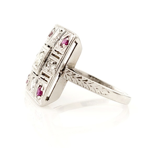 14k White Gold Art Deco Diamond Ruby Ring - Squar… - image 3