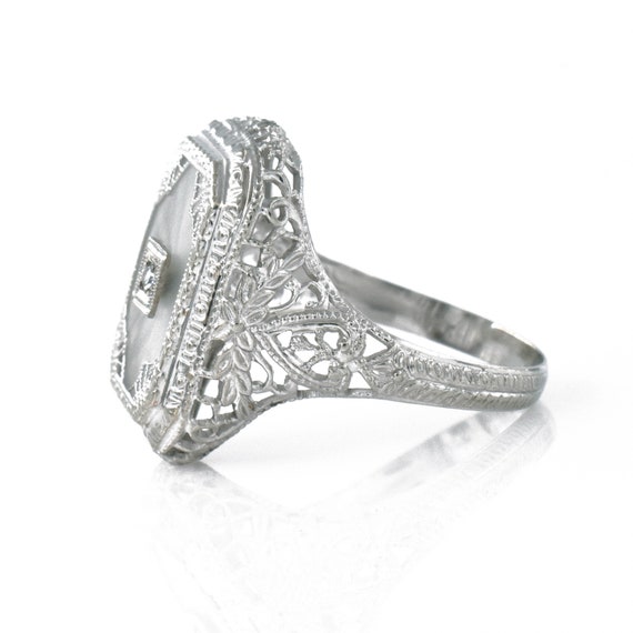 Filigree Camphor Glass Diamond Ring, 10k White Go… - image 2