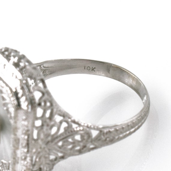 Filigree Camphor Glass Diamond Ring, 10k White Go… - image 6