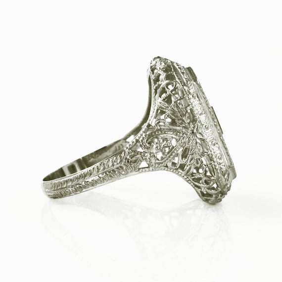 Filigree Camphor Glass Diamond Ring, 10k White Go… - image 3