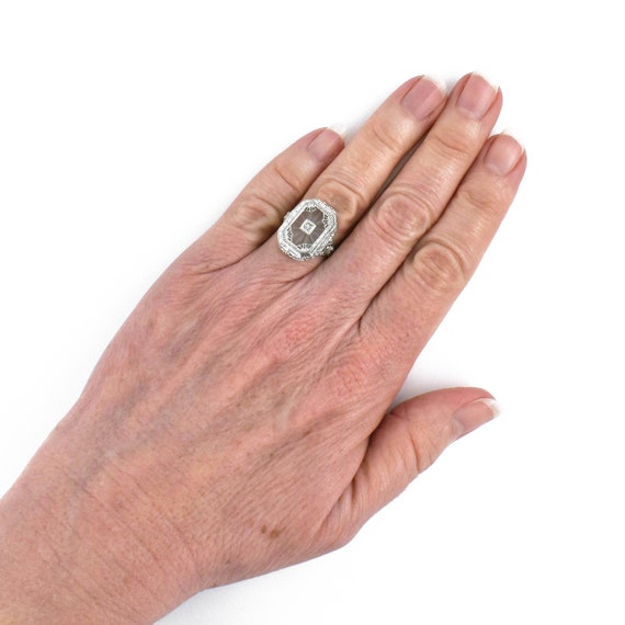 Filigree Camphor Glass Diamond Ring, 10k White Go… - image 7