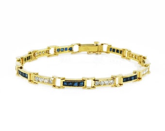 Articulated Sapphire Diamond Gold Bracelet, 14k Yellow Gold, Vintage, Estate, Blue and White