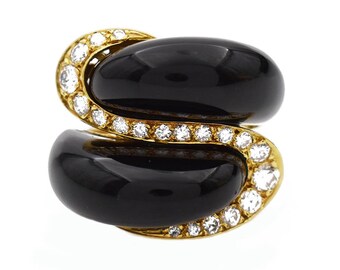 Black Onyx Diamond Bypass Ring 18 Karat Yellow Gold