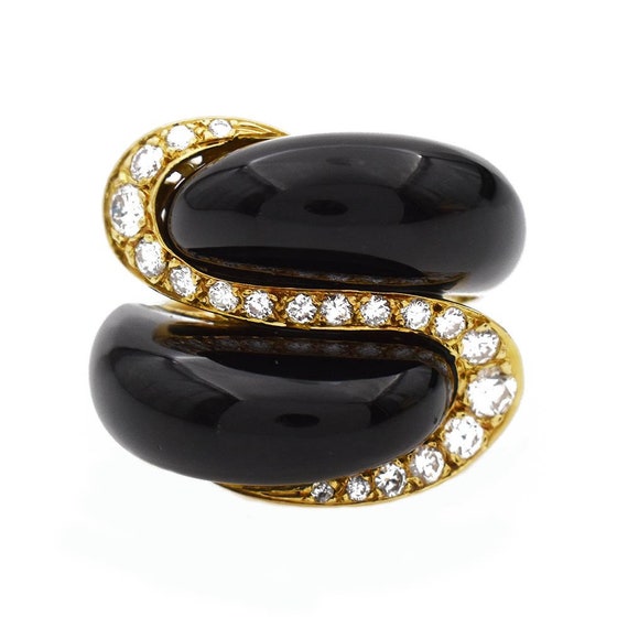 Black Onyx Diamond Bypass Ring 18 Karat Yellow Gol