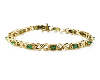 Marquise Cut Emerald Gold Bracelet, 14k Yellow, Vintage, Estate, May Birthstone