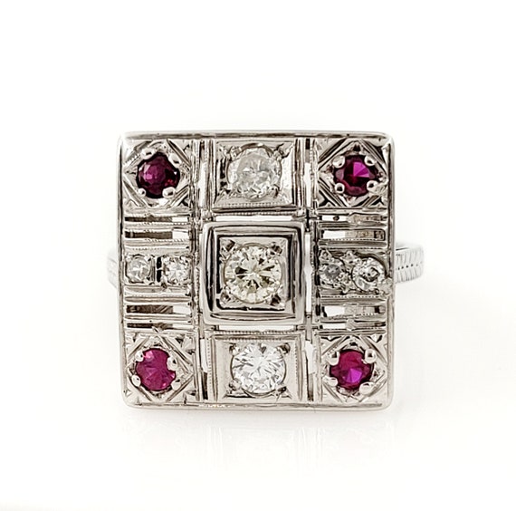 14k White Gold Art Deco Diamond Ruby Ring - Squar… - image 1