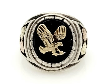 Sterling Black Hills Gold Eagle Ring, Onyx, Vintage, Estate, Signet