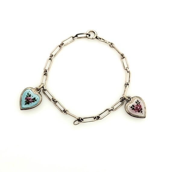 Heart Rose Enamel Charm Bracelet, Sterling Silver… - image 1