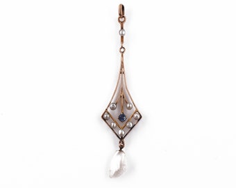 Antique Montana Sapphire Pearl Pendant, Victorian Era Lavalier