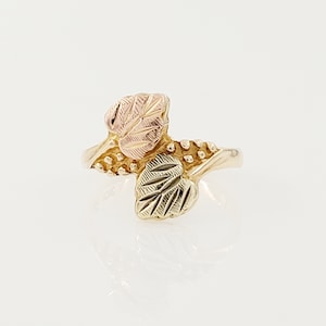 Black Hills Gold Leaf Ring - 10K, Tricolor, Two Leaves, Grapes, Bypass, Vintage, Estate, Floral