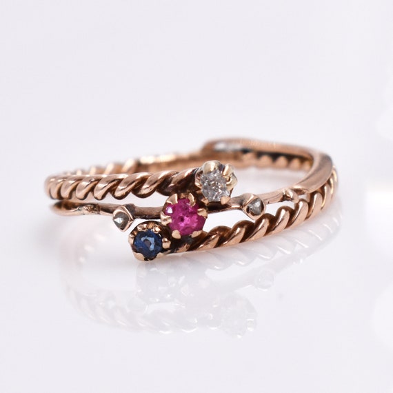 Diamond Sapphire Ruby Bypass Ring, 10K Rose Gold,… - image 1