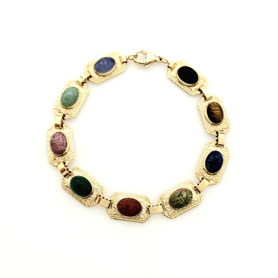 Multicolored Gemstone Scarab Panel Bracelet, 10k … - image 1