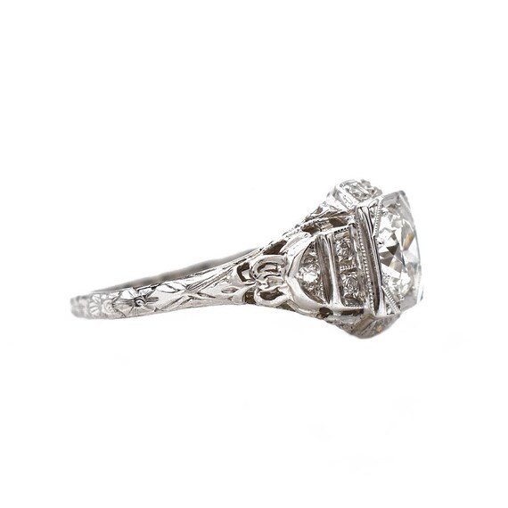 Filigree Antique Diamond Engagement Ring, 18k Whi… - image 2