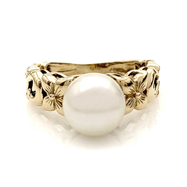 Cultured Pearl Flower Gold Ring, 14K Yellow, Butterfly, Round, High Set, Vintage, Estate, June Birthday