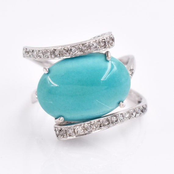 18K White Gold Oval Turquoise and Diamond Cocktail Ring - Etsy