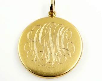 Monogrammed Round Locket Pendant 14K Yellow Gold, Vintage, Estate, Large, For Photos