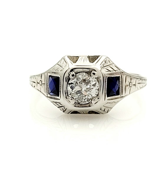 Art Deco Diamond Blue Sapphire Ring, 20k White Gol