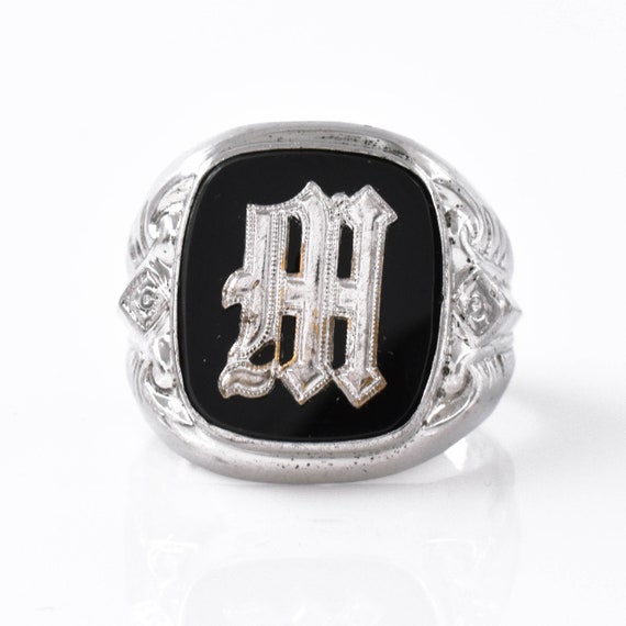 Sterling Silver Initial M Black Onyx Signet Ring … - image 1