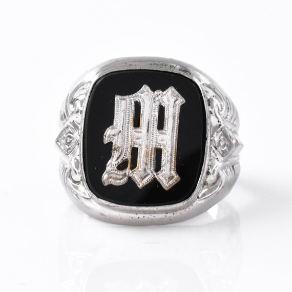 Sterling Silver Initial M Black Onyx Signet Ring Vintage Estate