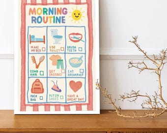 May include: A framed print featuring a "Morning Routine" chart with illustrations and text prompts for daily tasks. The chart includes images and text for tasks such as making the bed, brushing teeth, and packing a bag. A smiling sun is at the top.