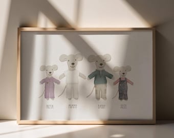 Ilustración personalizada de ratones familiares / Retrato con atuendo personalizado