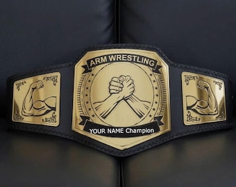 Custom Arm Wrestling Champion Belt Black Gold 4MM Zinc Metal Plates Title Belt | Cowhide Leather Strap