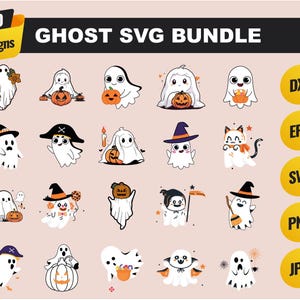 Cute Ghost Halloween svg Bundle, Retro Ghost png, Retro Floral Ghost png, Dog Ghost svg, Ghost Reading svg, Spooky Season, Halloween png