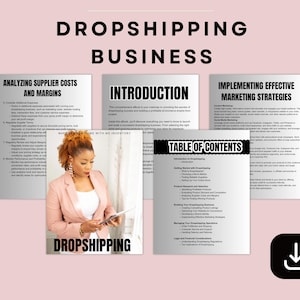 May include: A woman in a pink blazer holds a tablet, surrounded by pages titled "Analyzing Supplier Costs and Margins," "Introduction," and "Implementing Effective Marketing Strategies." The image includes the text "Dropshipping Business."