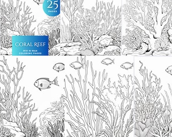 Koraalrif kleurboek, volwassen kleuren, oceaanthema, stressverlichter, onderwaterleven, cadeau voor kunstenaars, creatief tijdverdrijf, zeedier