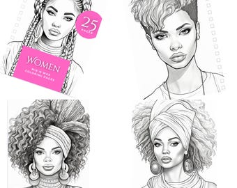 May include: A coloring book with four black and white illustrations of women with different hairstyles. The cover of the book says "Women Mix-N-Match Coloring Pages" and "25 Pages".