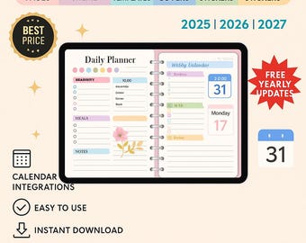 Puede incluir: Un planificador digital con una portada rosa y blanca que incluye un planificador diario y un calendario semanal. El planificador incluye más de 600 páginas, un tema arcoíris, más de 100 plantillas, 150 cubiertas, 5000 pegatinas y actualizaciones anuales gratuitas. El planificador es compatible con tabletas PDF y aplicaciones de escritura a mano compatibles como Goodnotes y Notability.