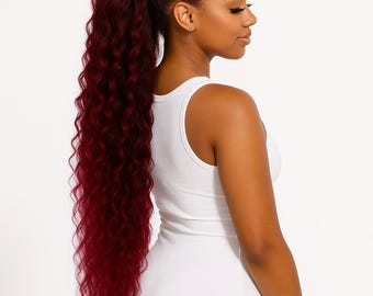 Cola de caballo ondulada sintética color burdeos – Ruby Wave | Extensiones de cabello de 71 cm (28 pulgadas) de aspecto natural – Studio K-HAIR