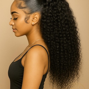 May include: A woman with a high ponytail of long, curly black hair. The hair is styled with a smooth, glossy finish at the crown and edges. She wears a black vest top and a gold necklace. The image has a warm, neutral background.