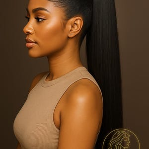 以下が含まれることがあります： 長い黒髪の、高いポニーテールをした女性。ベージュのタンクトップを着ています。Studio K-Hairのロゴが右下にあります。背景は無地の茶色です。