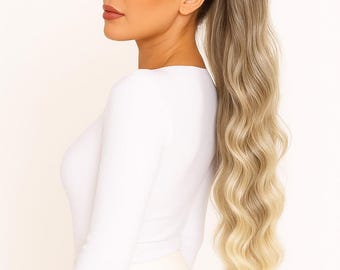 Cola de caballo sintética ondulada rubio ceniza – Ondas Heladas | Extensiones de cabello largas de aspecto natural – Studio K-HAIR