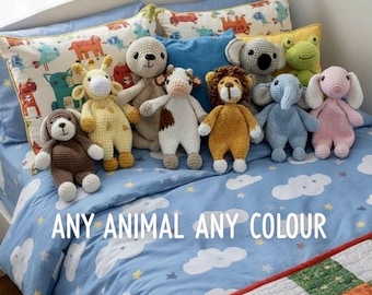 Handmade to Order Any Animal Colour Crochet Baby Toddler Comforter Snuggler Soft Chenille Pig Otter Cat Sheep Frog Dog Elephant Lion Duck