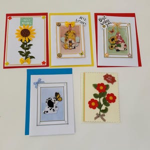 Cartões de votos de felicidades feitos à mão - flores, gnomos, cachorro - Motivos bordados e de madeira - Vários tamanhos e designs