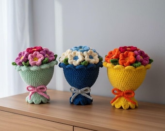 Handmade to Order Crocheted flower bouquet home decoration plush chenille wool everlasting - birthday gift thank you anniversary wedding