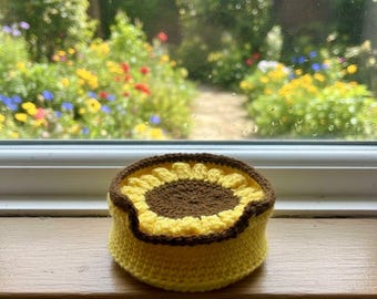 Handmade Crochet Sunflower Coasters with holder  - Great Birthday Mothers Day gift - yellow - 4 coasters