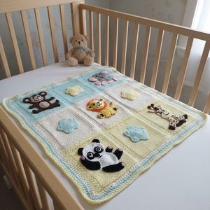 Handgemachte gehäkelte gestrickte Baby Kleinkind Decke - Zoo Safari Tier Thema - Minze Creme Zitrone - Löwe Affe Panda Elefant Giraffe Sterne