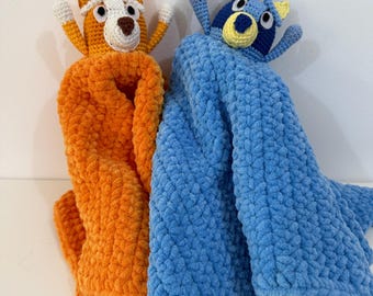 Handmade Crochet Bluey and Bingo inspired Baby Toddler Comforter / Blanket Snuggler - Soft Plush Chenille - Made to order