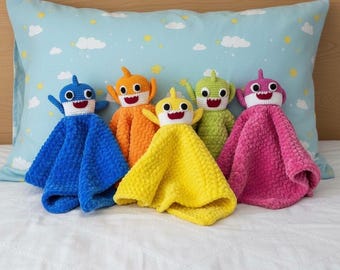 Handmade Crochet Baby Shark inspired Baby Toddler Comforter / Blanket Snuggler - Soft Plush Chenille - Made to order