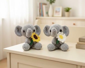 Handmade to order  Crochet Elephant with Daisy or sunflower  - Chenille Wool - Anniversary Birthday Congratulations Thank you - wooden stand