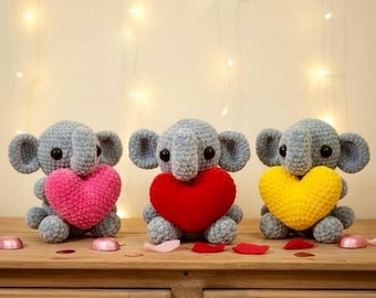 Handmade to order Crochet Decorative Elephant with Heart - Chenille Wool -Anniversary  Birthday Congratulations Thank you - wooden stand