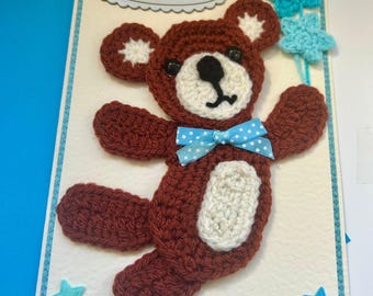 Handmade Crochet Birthday Card - Bear with Star Balloons Design - A5 size