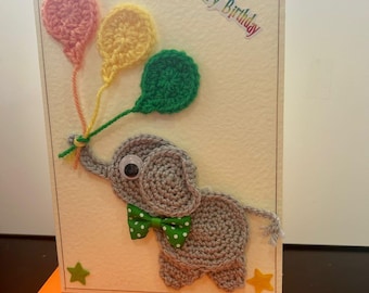 Handmade Crochet Birthday Card - Elephant holding balloons Design - A5 size